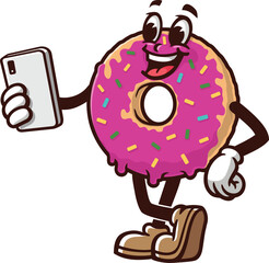 Donuts mascot cartoon holding a gadget or smartphone