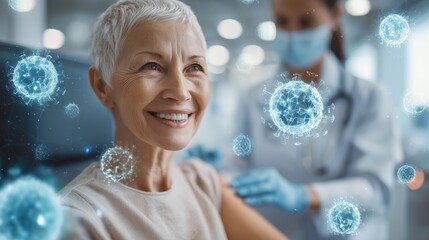 Senior Caucasian woman smiles during vaccination. A healthcare professional administers the vaccine. Floating virus particles are visible in the background.