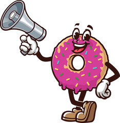 Cartoon donuts mascot holding a megaphone or loudspeaker