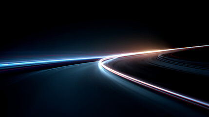 curved motion streak with blue trail and glowing line across the dark road, as the laser beam breaks into light and a bright tail forms the main moving line