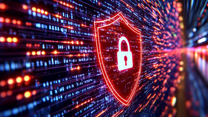 Abstract Digital Security Glowing Shield and Binary Code Stream