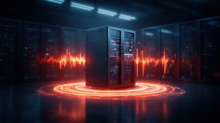 A futuristic server room with a central server emitting a glowing pulse, surrounded by dark cabinets and high-tech ambiance.