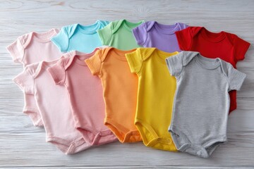 Baby onesie set. White wooden background. Fashion newborn clothes. Top view. Kids soft clothing. Infant trendy cotton bodysuit. Pastel color. Gender neutral. Variety stylish child wear sale. Kid dress