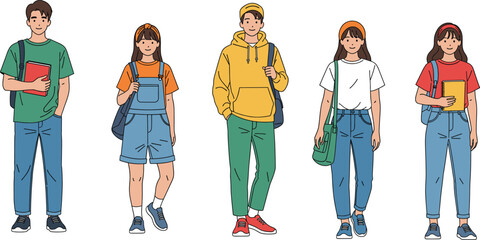 Group of trendy college students, diverse fashion styles, casual outfits, backpacks, books, outdoor lifestyle, education concept, modern young people illustration