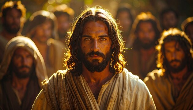 Photorealistic close-up portrait of Jesus, surrounded by a crowd and his 12 disciples
