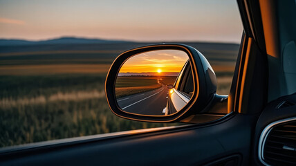 Car Rearview Mirror Reflecting a Sunset on a Prairie Highway, Road Trip Travel Background