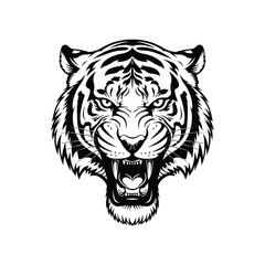 Black and white illustration of a tiger's head with an open mouth on a white background