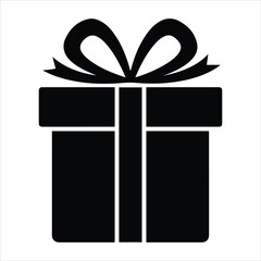 Simple black silhouette of a gift box tied with a ribbon bow offering celebration surprise