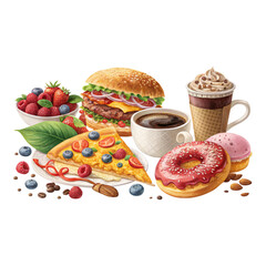 A colorful assortment of foods including burger pizza donut coffee and berries on a black background