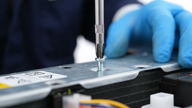 Technician fixing air conditioner unit with screwdriver