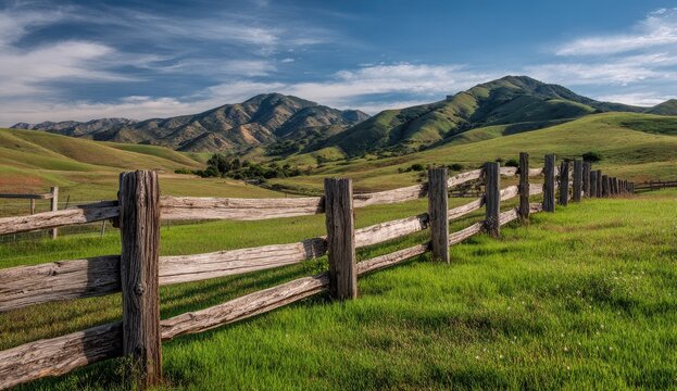 Lush valley with a weathered wooden fence