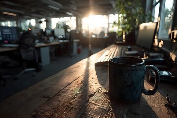 "Morning Light in Modern Office with Coffee Mug"
