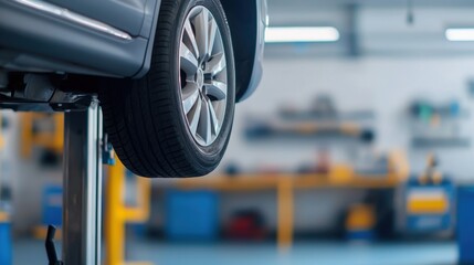Close-Up View of a Car Wheel Elevated on Hydraulic Lift in an Automotive Workshop Environment