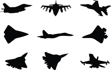 Silhouettes of various military fighter jets in 3x3 grid, different aircraft designs, black vector aviation graphic for defense, war, air force illustration