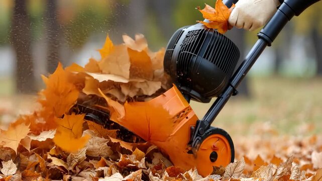 Using a leaf blower to clear autumn leaves in a park during the fall season