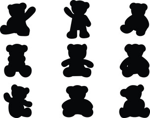 Silhouette teddy bear poses, cute toy bear collection, sitting and standing positions, playful bear shapes, vector illustration for children, nursery, and decorative design