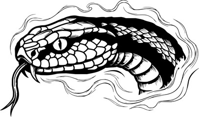 A vintage-style woodcut engraved etching featuring the head of a snake