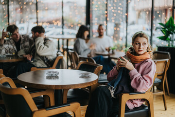 A serene moment in a warm cafe setting, with a young woman sipping coffee while subtle ambient lighting and a lively group sharing conversations create a warm and tranquil atmosphere.