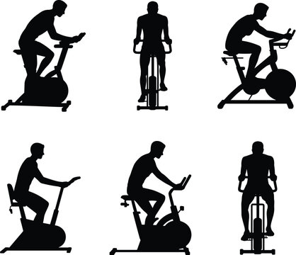 Silhouette person on stationary exercise bike, indoor cycling workout, fitness training, cardio exercise, gym equipment, healthy lifestyle, vector illustration for sports, wellness,
