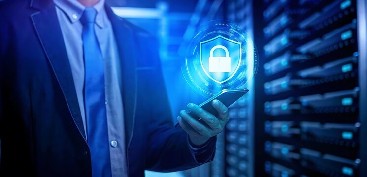 Cybersecurity Digital Shield Lock Hologram with Smartphone and Data Protection