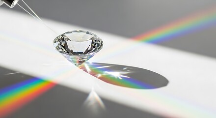 Sparkling diamond crystal refracting light creating rainbow prisms and shadows on a bright surface