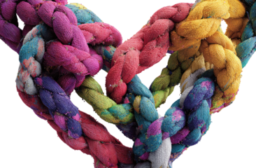 Abstract braided textile heart design. Close-up view of colorful, textured braids interwoven, forming a heart shape. Vibrant hues of pink, purple, yellow, and blue