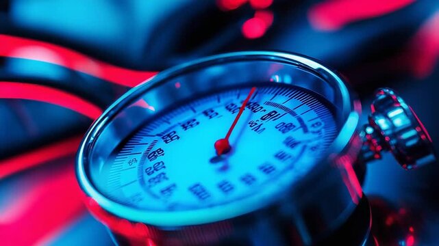 Pressure gauge showing increasing pressure with red and blue lighting