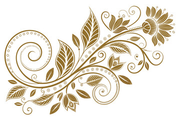 Vector art of elegant gold floral design, featuring intricate swirls, leaves, and flowers, perfect for adding a touch of sophistication