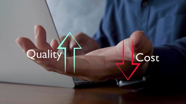 Creative business concept image featuring a percentage symbol with arrows, representing higher quality and reduced cost, symbolizing efficiency, financial success, innovation and management strategy.
