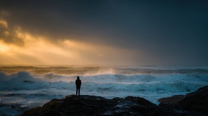 Fototapeta premium Lone figure silhouetted against a dramatic stormy sky and turbulent ocean waves at sunset