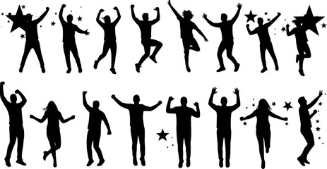 Silhouetted figures with stars and stripes dancing with arms raised in celebration and joyful expression | editable eps vectors
