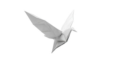 A detailed origami bird in flight, rendered in a crisp, clean white