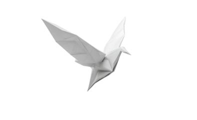 A detailed origami bird in flight, rendered in a crisp, clean white