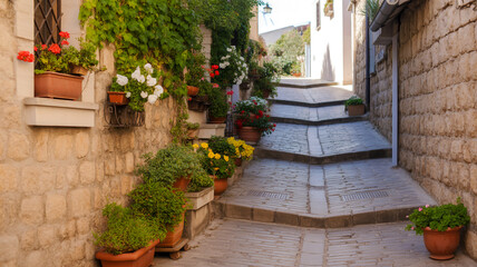 Fototapeta premium Mediterranean cobblestone street, ascending stone steps, beige ivy-covered wall, red geraniums, white-yellow cascading flowers