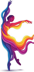 Vector vector art of ballet dancer in colorful swirling fabric, graceful pose, artistic representation transparent background