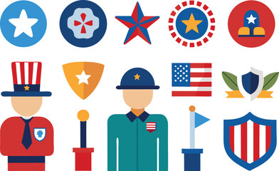 Fototapeta premium Memorial day icons collection featuring usa flags soldiers and patriotic symbols vector illustration