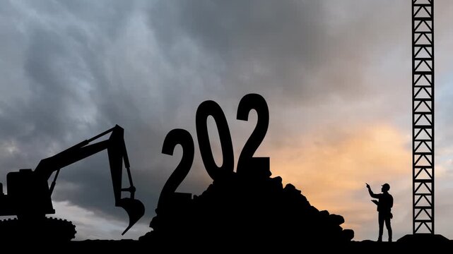 New year 2026 with silhouette construction site and worker staff team. 2D Animation. 4K. New Year concept 2025 to 2026 with clouds time lapse.