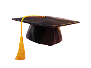 Dark graduation cap with gold tassel.  3D rendering of academic cap