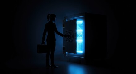 Fototapeta premium Businesswoman opening a glowing vault in a dark room.