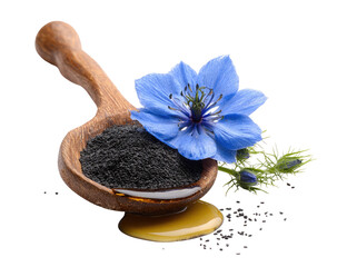 Wooden spoon filled with black seeds, a vibrant blue flower, and dripping golden liquid