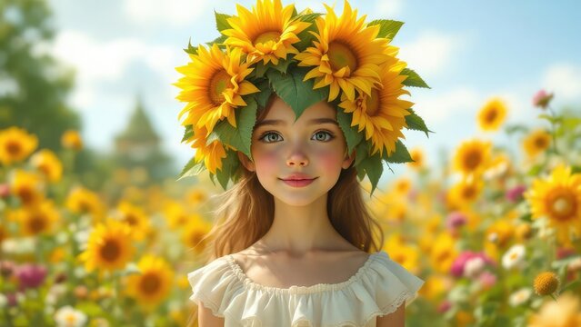 A girl with sunflower crown stands in a sunflower field on a bright sunny day smiling softly