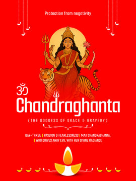 Day 3 &ndash; Chandraghanta (The Goddess of Grace & Bravery), On the third day, we worship Maa Chandraghanta, who drives away evil with her divine radiance.