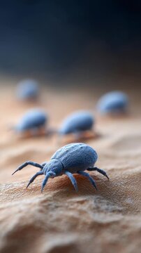 Microscopic dust mites crawling across textured surface, revealing hidden world of tiny arachnids commonly triggering allergic reactions and skin irritations in domestic environments
