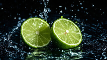 Sliced Lime with Water Drops on a Black Background, Fresh Fruit Ad Background