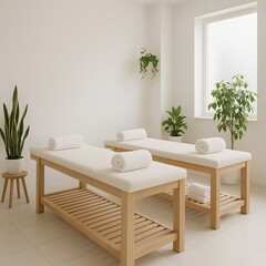 Luxury Spa Room Design with Natural Light and Indoor Plants for Relaxation and Wellness Treatments