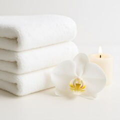Spa Relaxation with White Towels and Orchid Candle in Minimalist Bathroom for Ultimate Wellness and Serenity