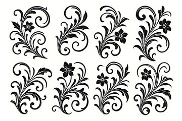 A collection of eight elegant black floral swirl designs featuring intricate flowers and leaves. Perfect for use in decorative projects, invitations, and graphic design.