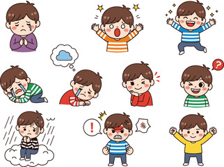 Cute cartoon boy character showing emotions and expressions, sad, happy, angry, crying, surprised, educational illustration for children learning