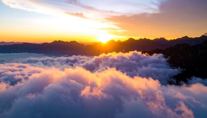 Obraz premium Sunrise over mountain peaks shrouded in clouds