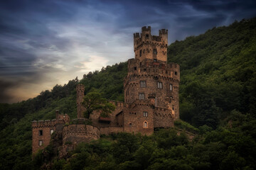 Historic Castle, Perched High on the Mountainside on Rhine River